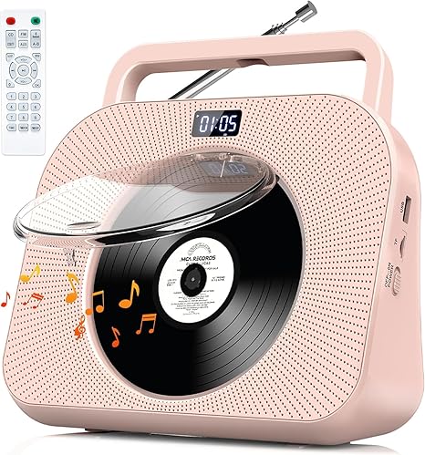 Desktop CD Player for Home with Dual Speakers,Handle, CD Player with FM Radio,Portable CD Player with Bluetooth-Sleep Sound,Remote Control, LCD Display,Support USB/TF Card/AUX/3.5mm Input (Pink)