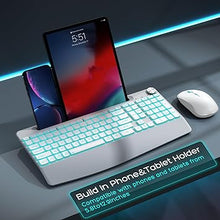 Load image into Gallery viewer, JOYACCESS Wirless Keyboard and Mouse, Ergonomic Wireless Backlit Keybaord with Phone Holder,Rechargeable Wireless Keyboard Mouse Combo with Light Up Keys for for Laptop, PC, Mac, Windows-Silver
