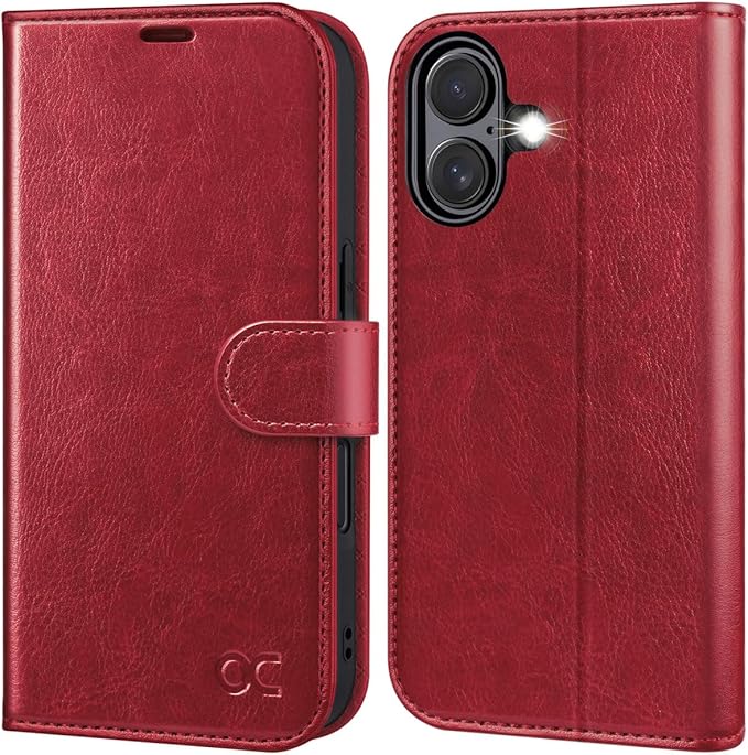 OCASE Compatible with iPhone 16 Wallet Case, PU Leather Flip Folio Case with Card Holders RFID Blocking Kickstand [Shockproof TPU Inner Shell] Phone Cover 6.1 Inch 2024, Red