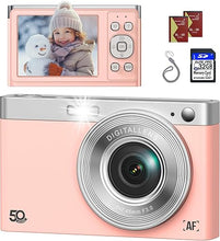 Load image into Gallery viewer, Digital Camera, FHD 50MP 1080P Autofocus Camera, Digital Point and Shoot Camera Vlogging Camera with 16X Zoom Anti Shake, Compact Camera for Boys Girls Kids Camera with 32GB SD Card, 2 Batteries-Pink
