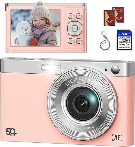 Digital Camera, FHD 50MP 1080P Autofocus Camera, Digital Point and Shoot Camera Vlogging Camera with 16X Zoom Anti Shake, Compact Camera for Boys Girls Kids Camera with 32GB SD Card, 2 Batteries-Pink