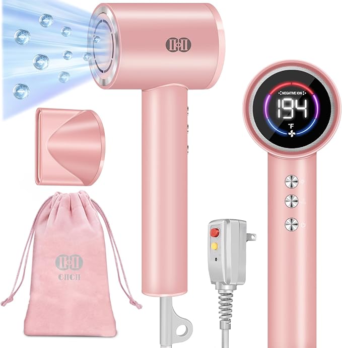 CIICII Negative Ionic Hair Dryer Professional, 120000RPM High Speed Blow Dryer (1600W Brushless/ 3-Speed/ 4-Temp & HD Display & Portable Bag) Fast Drying Hairdryer for Home, Travel & Salon (Pink)