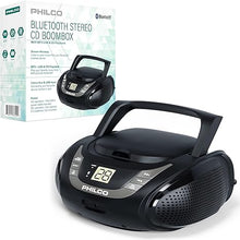 Load image into Gallery viewer, PHILCO Portable Bluetooth Boombox with CD Player | Compatible with MP3/WMA/CD-R/CD-RW | FM Radio | 3.5mm Aux Input | Stereo Sound | LED Display | AC/Battery Powered | Compact and Easy-to-Use
