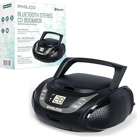 PHILCO Portable Bluetooth Boombox with CD Player | Compatible with MP3/WMA/CD-R/CD-RW | FM Radio | 3.5mm Aux Input | Stereo Sound | LED Display | AC/Battery Powered | Compact and Easy-to-Use