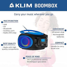 Load image into Gallery viewer, KLIM Boombox Portable Audio System - New Version 2024 - FM Radio CD Player Bluetooth MP3 USB AUX - Includes Rechargeable Batteries - Wired &amp; Wireless Modes - Compact and Sturdy - Blue
