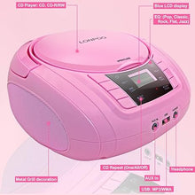 Load image into Gallery viewer, LONPOO Portable Boombox - CD Player, Bluetooth, USB, MP3, AUX, FM Radio, Portable, Built-in Stereo Speakers, Carrying Handle, LCD Display, Pink
