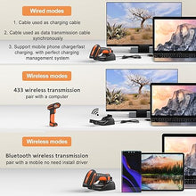 Load image into Gallery viewer, Symcode Bluetooth 2D QR Barcode Scanner with Charging Stand,Industrial Dustproof and Waterproof 3 in 1 Compatible with Bluetooth &amp; 2.4GHz Wireless &amp; Wired Connection with Vibration Alert Orange
