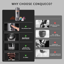 Load image into Gallery viewer, CONQUECO Portable Espresso Coffee Machine: 12V Electric Small Travel Expresso Maker - Self Heating 8 Cups Battery Powered Compatible for Nespresso Capsule - for Camping RV Hiking Office (Brown)
