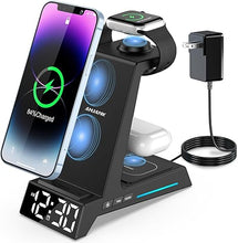 Load image into Gallery viewer, Wireless Charging Station - 4 in 1 Wireless Charger with Alarm Clock, Charging Stand Dock for iPhone 16 15 14 13 12 11 X 8 Samsung Phone, for AirPods 4 3 Pro, Apple Watch 9/8/7/6/5/SE/4/3/2
