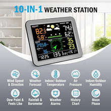 Load image into Gallery viewer, 10-in-1 Weather Station Wireless,Thermometer,Humidity,Air Pressure,Rain Gauge,Dew Point,Wind Speed/Direction,Moon Phase,Forecast,Alarm,Chart
