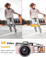 Load image into Gallery viewer, VJIANGER 4K Vlogging Camera for YouTube 56MP Digital Camera for Photography and Video with 180°Flip Screen, 16X Digital Zoom, 52mm Wide Angle &amp; Macro Lens, 32GB Micro SD Card, 2 Batteries(Pink)
