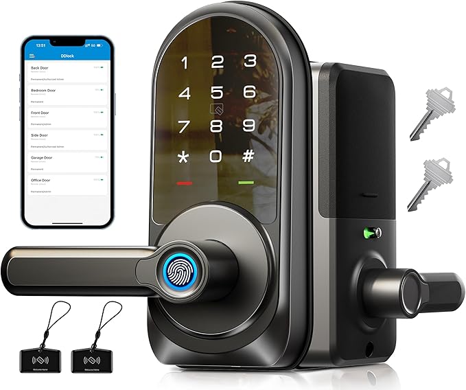 Veise Smart Lock, Keyless Entry Door Lock with Handle, APP Control Fingerprint Door Lock, 7-in-1 Smart Locks for Front Door, Electronic Digital Lock with Keypad, Front Door Lock Set, Matte Black