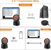 Load image into Gallery viewer, VOTTAN Omni-Directional Desktop Barcode Scanner, Bluetooth + 2.4G Wireless Hands-Free Barcode Reader, 360° Rotating Charging Stand Adjustable Scan Head 2D QR Code Presentation Scanner
