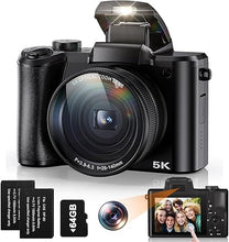 Load image into Gallery viewer, 5K Digital Camera 5X Optical Zoom Cameras for Photography, 64MP Front and Rear Dual Cameras Vlogging Camera for YouTube Video with 3.2&quot; IPS Touchscreen, 6-Axis Stabilization, 64G TF Card, 2 Batteries
