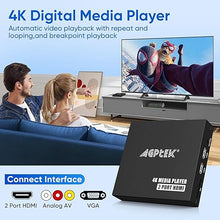 Load image into Gallery viewer, 4K@30hz HDMI TV Media Player with Dual HDMI, One AV/VGA Output, 4K HDMI Splitter Function, Digital MP4 Player for 14TB HDD/512G USB Drive/256G SD Card/H.265 MP4, with Remote Control for MP3 AVI etc
