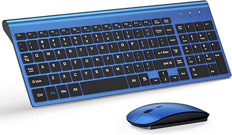 TopMate Wireless Keyboard and Mouse Ultra Slim Combo, 2.4G Silent Compact USB Mouse and Scissor Switch Keyboard Set with Cover, 2 AA and 2 AAA Batteries, for PC/Laptop/Windows/Mac - Blue Black