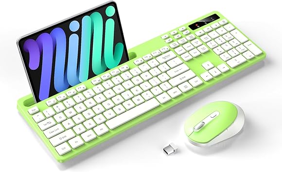 Wireless Keyboard and Mouse Combo, Soueto 2.4G Full-Sized Computer Keyboard with Phone Tablet Holder, 22 Multimedia Shortcuts, Numeric Keypad, 6 Button Silent Mouse for Windows, Mac (Bright Green)