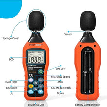 Load image into Gallery viewer, PT6708 Sound Level Meter, Digital Decibel Reader Measurement, Range 30-130 dB, Accuracy 1.5dB Noise Meter with Large LCD Screen Display, Fast and Slow Selection (Batteries Include)
