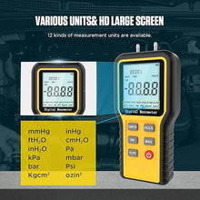 Load image into Gallery viewer, Digital Manometer, Professional Air Pressure Meter Differential Pressure Gauge with Dual Ports, 12 Selectable Units Manometer Gas Pressure Tester HVAC Manometer
