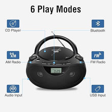 Load image into Gallery viewer, Portable Stereo CD Player Boombox with AM/FM Radio, Bluetooth, USB, AUX-in, Headphone Jack, CD-R/RW and MP3 CDs Compatible, Clear and Full Sound with Bass Boost, AC/Battery Operated – Black
