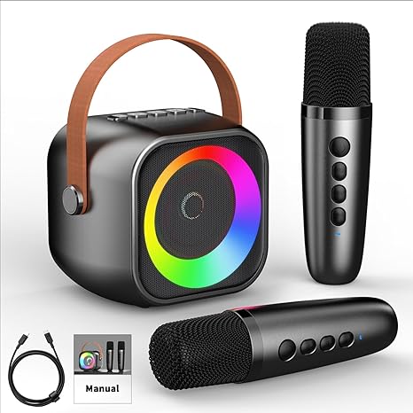 Karaoke Machine for Kids Adults, Portable Bluetooth Speaker with 2 Wireless Microphones, Portable Speaker Mini Karaoke Microphone for Home Party Christmas Birthday Gift for Girls Boys