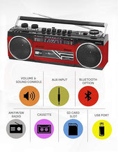 Load image into Gallery viewer, Riptunes Cassette Boombox, Retro Blueooth Boombox, Cassette Player and Recorder, AM/FM/SW-1-SW2 Radio-4-Band Radio, USB, and SD, RED
