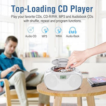 Load image into Gallery viewer, Portable Stereo CD Player Boombox with AM/FM Radio, Bluetooth, USB, AUX-in, Headphone Jack, CD-R/RW and MP3 CDs Compatible, Clear and Full Sound with Bass Boost, AC/Battery Operated – White
