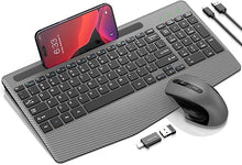 Load image into Gallery viewer, Wireless Keyboard and Mouse Combo, Ergonomic Keyboard with Wrist Rest, Phone Holder, Sleep Mode, 2.4G Lag-Free Rechargeable Compact Silent Cordless Keyboard Mouse for Windows, Mac, PC (Grey Black)
