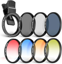 Load image into Gallery viewer, NEEWER 58 mm Lens Filter Kit with Mobile Phone Lens Clip, CPL, ND32, 6 Point Star Filter, Graduated Filter (4 Colours), Compatible with iPhone 15 14 Pro Max 13 12 11 &amp; Canon Nikon Sony Cameras
