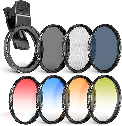 NEEWER 58 mm Lens Filter Kit with Mobile Phone Lens Clip, CPL, ND32, 6 Point Star Filter, Graduated Filter (4 Colours), Compatible with iPhone 15 14 Pro Max 13 12 11 & Canon Nikon Sony Cameras