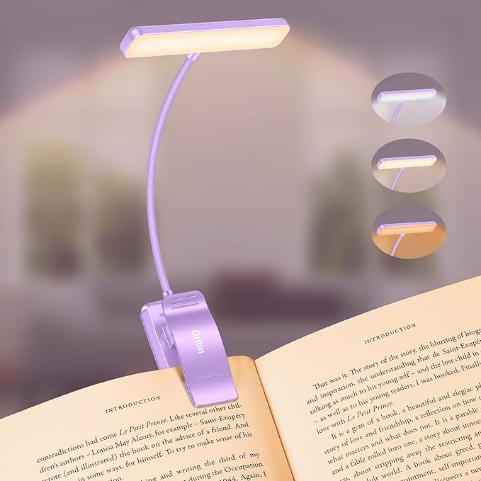 Gritin 19 LED Rechargeable Book Light for Reading in Bed with Memory Function- Eye Caring 3 Color Temperatures,Stepless Dimming Brightness,80 Hrs Runtime Clip On Book Light for Book Lovers-Purple