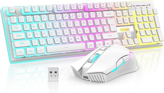 RedThunder K10 Wireless Gaming Keyboard and Mouse Combo, RGB Backlit Rechargeable 3800mAh Battery, Mechanical Feel Anti-ghosting Keyboard with Pudding Keycaps + 7D 3200DPI Mice for PC Gamer (White)