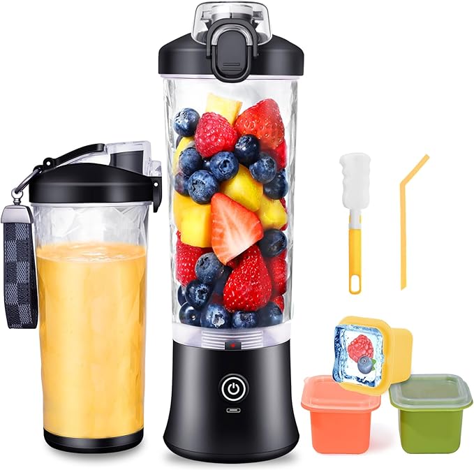 Portable Blender Personal Blender - Kitchen 21oz USB Rechargeable 4000mAh Large Battery with 6 Blades for Smoothies Shakes Baby Food and Proteins - Home Office Gym Sports and Travel (Black)