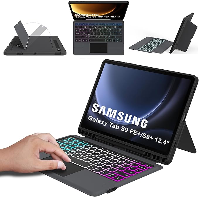 for 12.4 inch Samsung Galaxy Tab S9 FE+/S9+ Case with Detachable Keyboard : DIY 3-Zone 7 Colors Backlit Keyboard Cases with Touchpad - Tab S9 FE Plus/S9 Plus 12.4