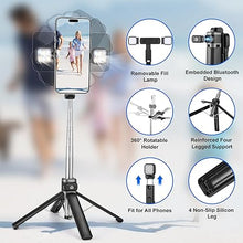 Load image into Gallery viewer, Mini iPhone Tripod Stand,MQOUNY 38" Phone Tripod &amp;Selfie Stick with Wireless Rechargeable Remote &amp; Removable Light, Extendable Tripod Stand 360 Rotation Compatible with iPhone&amp;Android Samsung(Black)
