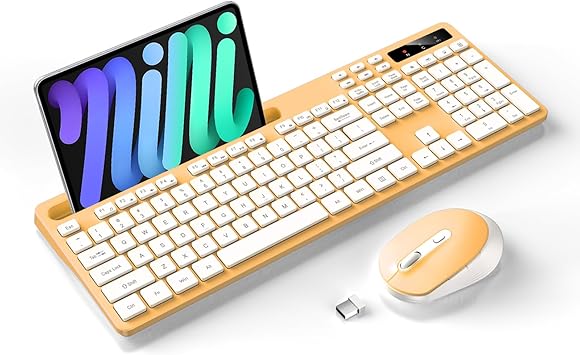 Wireless Keyboard and Mouse Combo, Soueto 2.4G Full-Sized Computer Keyboard with Phone Tablet Holder, 22 Multimedia Shortcuts, Numeric Keypad, 6 Button Silent Mouse for Windows, Mac (Orange)