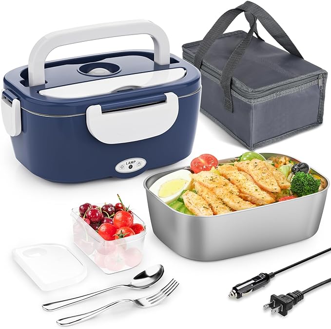 Electric Lunch Box Food Heater - 3 in 1 Portable Leakproof Heated Lunch Box for Car/Home/Adults with 1.5L Removable 304 Stainless Steel Container, Max 80W, 12V/24V/110V (DarkBlue)