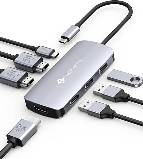 Docking Station Triple Display, NOVOO RM7 USB C Docking Station Dual Monitor Adapter with 8K@30Hz DP and Dual 4K@60Hz HDMI, 100W PD, 3 USB Ports, USB C Dock for HP, DELL, Lenovo, MacBook Laptops