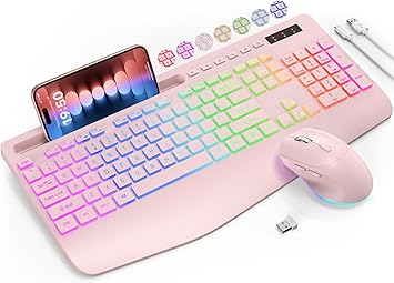 Wireless Keyboard and Mouse Combo, 9 Backlit Effects, Wrist Rest, Phone Holder, 2.4G Lag-Free Ergonomic Keyboards, Rechargeable Silent Cordless Set for Computer, Laptop, Mac, Windows -SABLUTE?Pink?