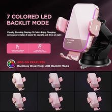 Load image into Gallery viewer, Wireless Car Charger,?7 Colored LED Backlit? 15W Auto Clamping Car Charger Phone Mount Holder fit for iPhone 14 13 12 Mini Pro Max 11 XR XS, Samsung Galaxy S23 Ultra S22 S21+ S10+ Note 20, etc - Pink
