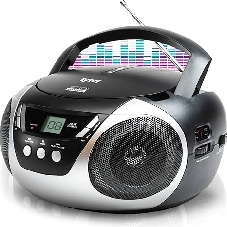 Tyler Portable Boombox CD Player AM/FM Radio Combo, Dynamic Boom Box CD Players for Home/Outdoor Portable Stereo with Speakers, Long Antenna for Best Reception Aux Input/3.5mm Headphone Jack, Silver