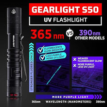 Load image into Gallery viewer, GearLight Black Light UV Flashlight S50 [2 Pack] - 365 nm Mini Blacklight Ultraviolet Pen Flashlights for ID Check, Leak AC Detection, Resin Curing - Pet Urine, Scorpion, Stain Handheld Detector
