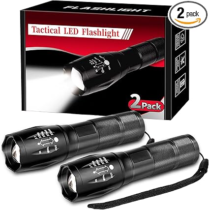 2 Pack Tactical Flashlights Torch, Military Grade 5 Modes 3000 High Lumens Led Waterproof Handheld Flashlight for Camping Biking Hiking Outdoor Home Emergency