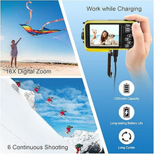 Load image into Gallery viewer, 4K Underwater Camera with 32GB Card 1250mAh Battery 56MP Autofocus 11FT Waterproof Camera Dual-Screen Selfie 16X Waterproof Floatable Digital Camera Underwater Camera for Snorkeling, Yellow
