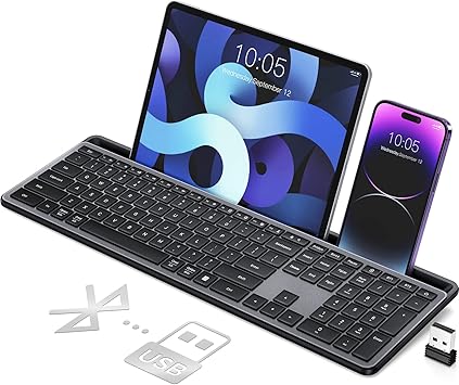 Wireless Keyboard,Multi-Device 2.4G/Bluetooth Keyboard Ultra-Slim Full Size Computer Keyboard With Numeric Pad,iPad Keyboard With Tablet Holder,Quiet USB Keyboard for iPad,iPhone,Laptop,PC,Mac