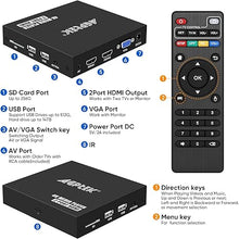Load image into Gallery viewer, 4K@30hz HDMI TV Media Player with Dual HDMI, One AV/VGA Output, 4K HDMI Splitter Function, Digital MP4 Player for 14TB HDD/512G USB Drive/256G SD Card/H.265 MP4, with Remote Control for MP3 AVI etc
