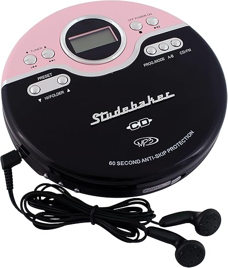 Studebaker SB3703PBB Joggable Personal CD/MP3 Player with Bookmark Feature and FM PLL Radio - Pink & Black