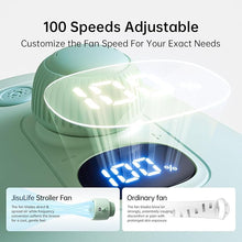 Load image into Gallery viewer, JISULIFE Stroller Fan Large, Battery Baby Crib Fan, Portable Desk Car Seat Camping Fan with 100 Speeds, Air Purify and Air Turbo Tech, Bladeless, Food-Grade Gifts for Outdoor, Treadmill, Golf - Green
