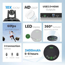 Load image into Gallery viewer, 10x Zoom Conference Room Video Camera System, All-in-One HD 1080P 60fps 10X Optical Zoom USB3.0 HDMI PTZ Camera and Bluetooth Conference Speaker with Microphones Bundle for Medium Room
