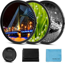 Load image into Gallery viewer, 55mm Star Filter 3 Pieces Starburst Lens Filter(4 Points,6 Points,8 Points) with Centre Pinch Lens Cap for Nikon Sony Olympus Pentax Tarmon Sigma and Other DSLR Cameras + 3 Slot Filter Pouch
